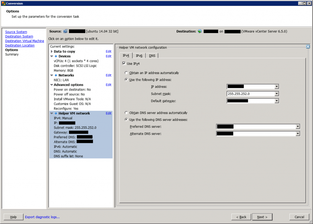 VMware vCenter Converter Standalone conversion options helper VM network