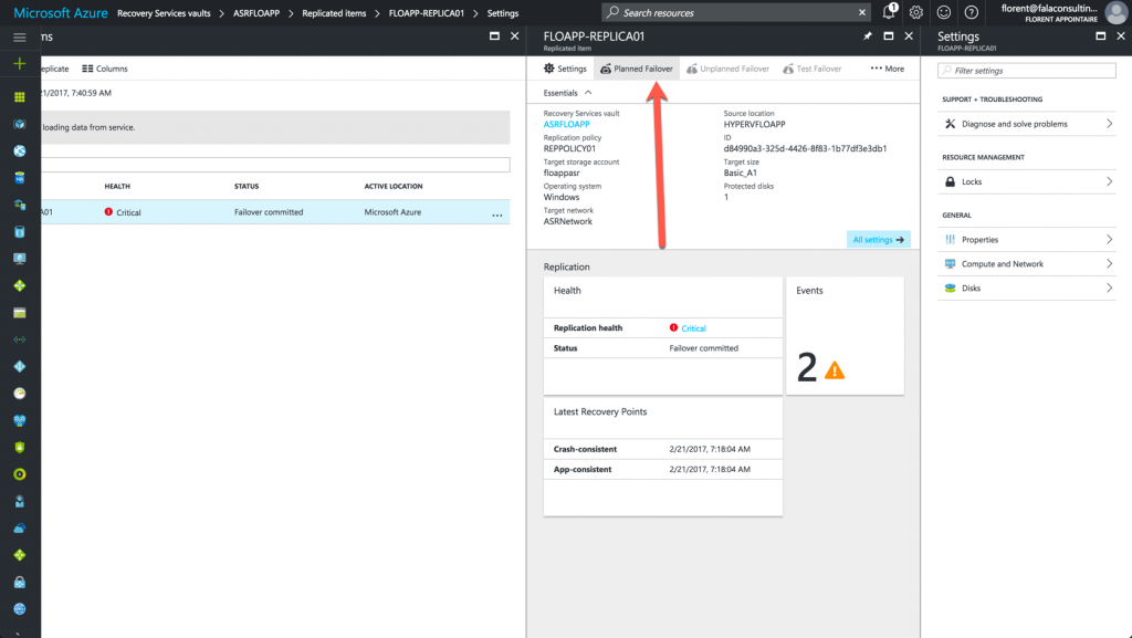 Planned Failover in Azure Console