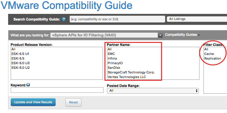 list of IO Filters in VMware Compatibility Guide tab