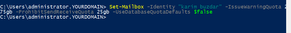 issue warning, prohibit send, and prohibit send and receive quotas via powershell