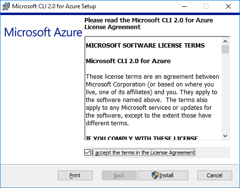 Microsoft CLI for Azure setup view