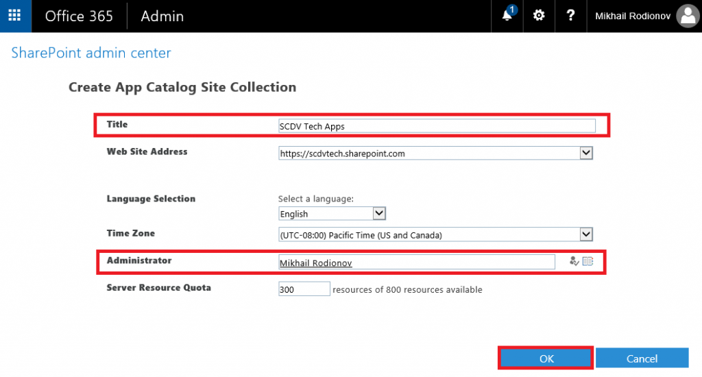 Create App Catalog Site Collection in SharePoint admin Center