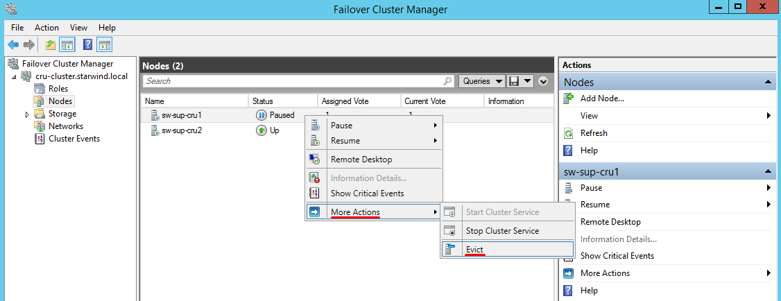 Evicting a Windows Failover Cluster node from cluster