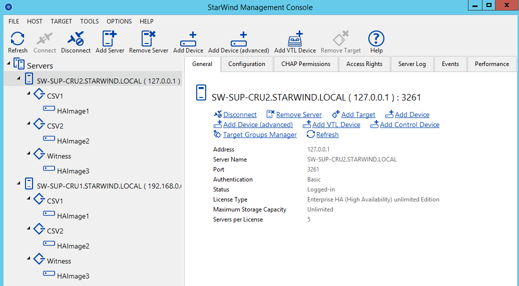 StarWind Management Console with all HA devices synchronized