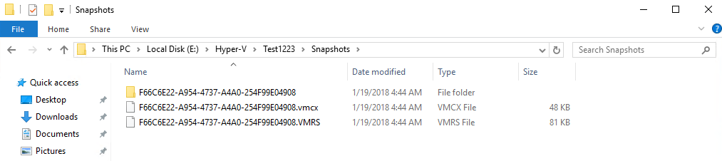 Checkpoint creation initiates creating two files in the VM folder - VMCX and VMRS