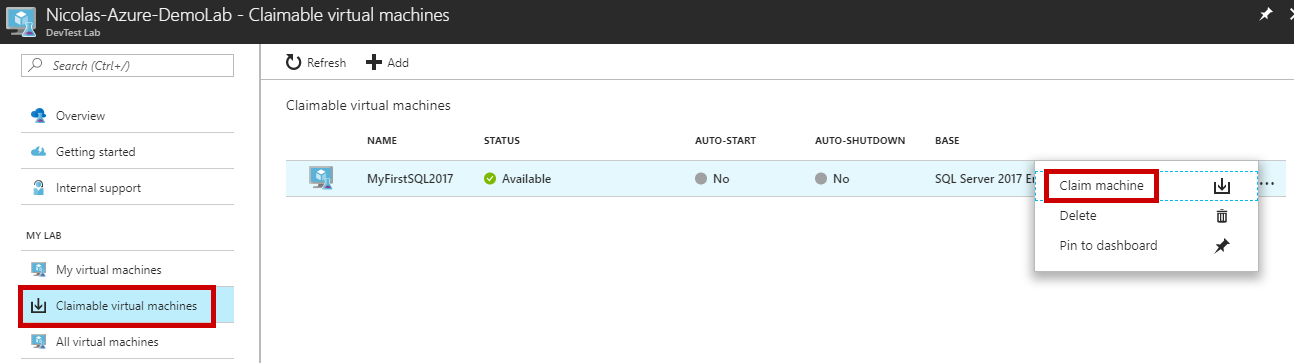 Using the DevTest Lab - Claim machine