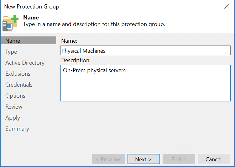 Veeam backup and replicalion - create protection group - name and description