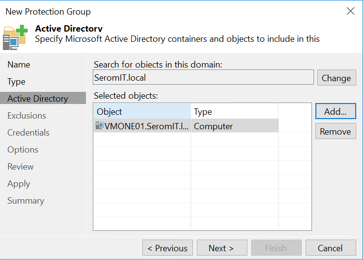 Veeam backup and replicalion - adding an object Computer
