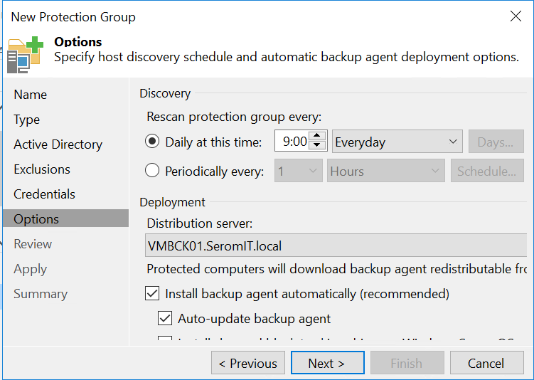 Veeam backup and replicalion - New protection group - Options