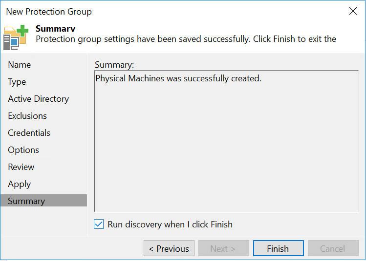 Veeam backup and replicalion - New protection group - Summary