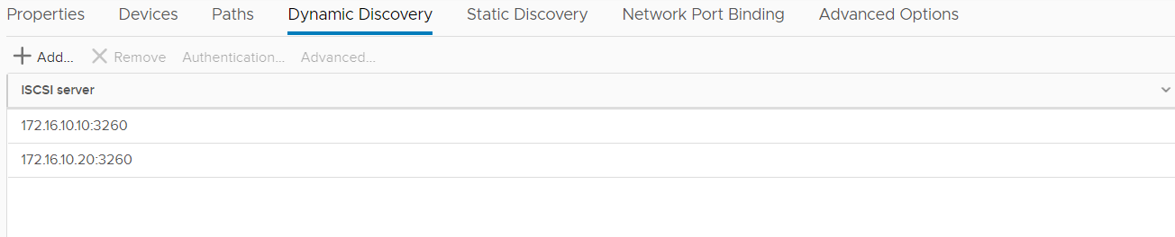 VMware iSCSI Software Adapter on both hosts - add iSCSI IP addresses of StarWind VMs to the Dynamic Discovery tab