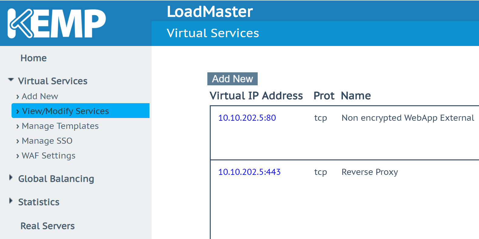 Kemp LoadMaster - View/Modify Services