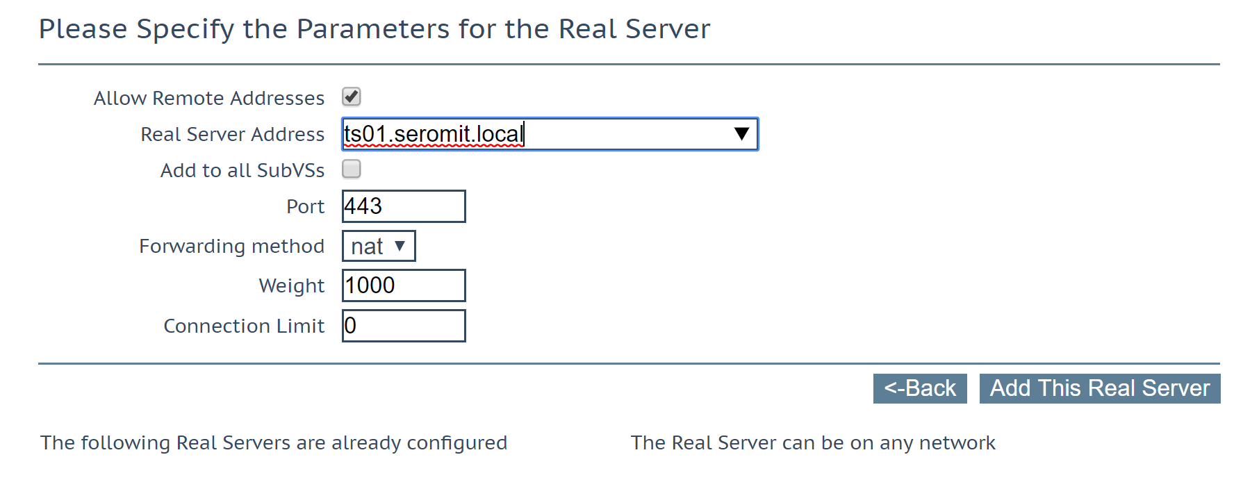 Kemp LoadMaster - Real Servers - Parameters