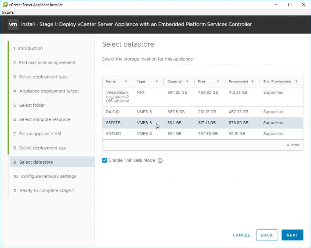 Deploy vCenter Server Appliance with an Embedded Platforms Services Controller - select datastore