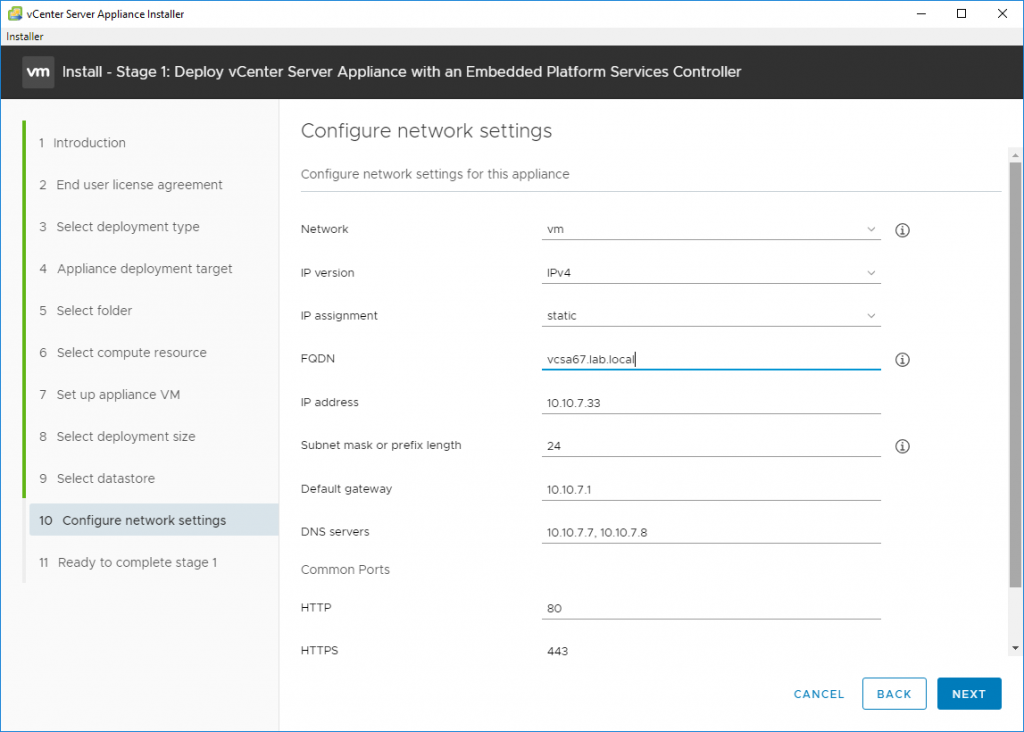 Deploy vCenter Server Appliance with an Embedded Platforms Services Controller - configure network settings