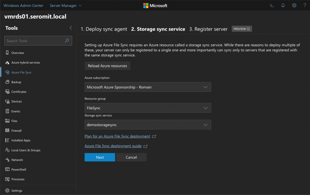 Fill in some Azure information such as the resource group and the name of the Storage Sync service