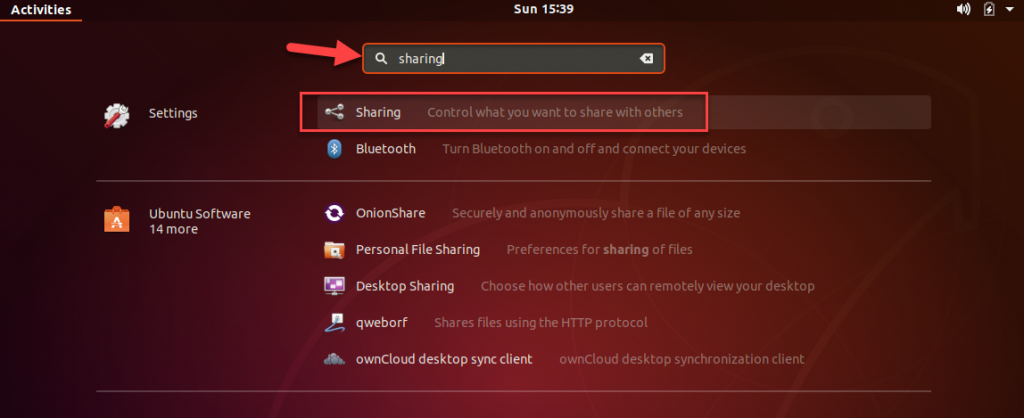 To enable remote desktop search for “sharing” in Applications menu