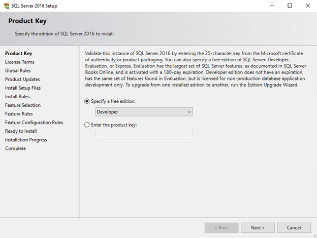 Specify the SQL Server edition that you want to install