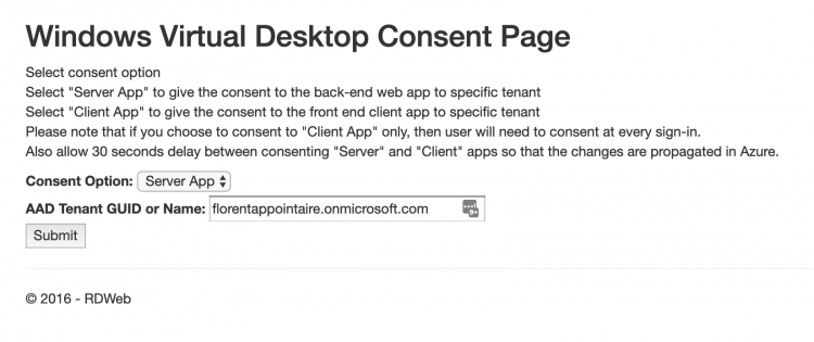 Windows Virtual Desktop concent page