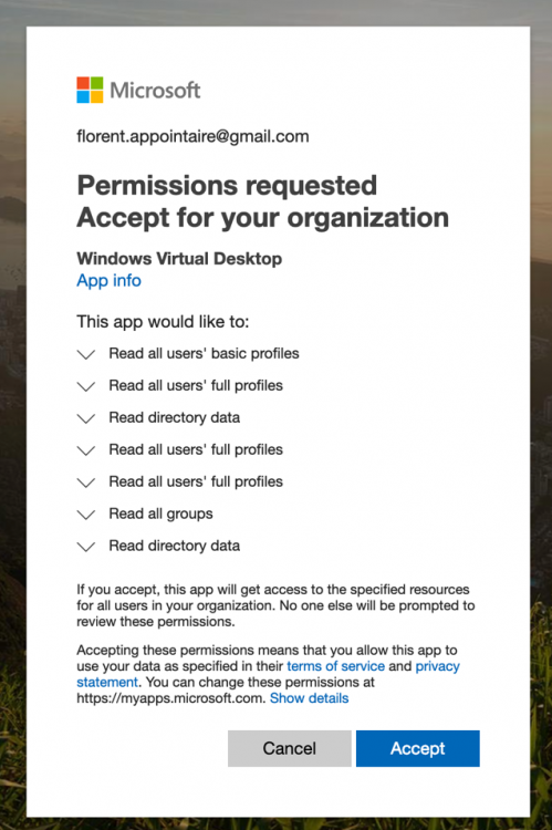 Permission Windows Virtual Desktop concent page