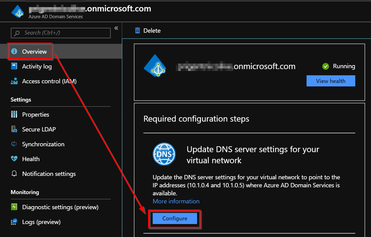 Configure the AADDS DNS Settings