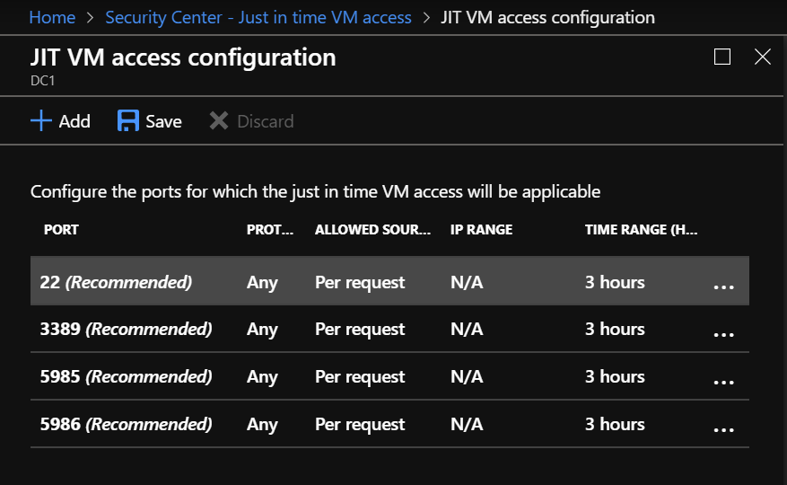 configure the ports for which the JIT VM Access will be applicable