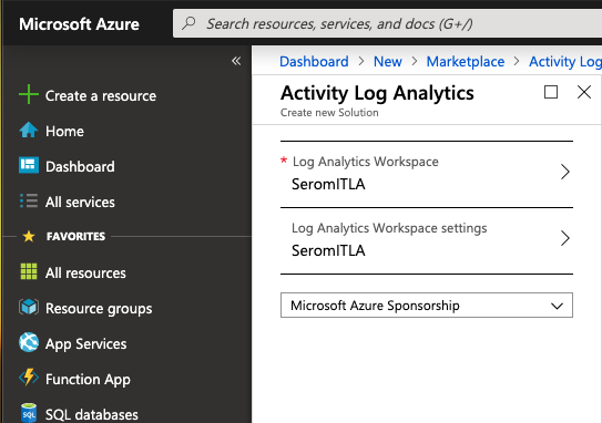 Microsoft Azure - Marketplace - Activity Log Analytics - Create a new Solution