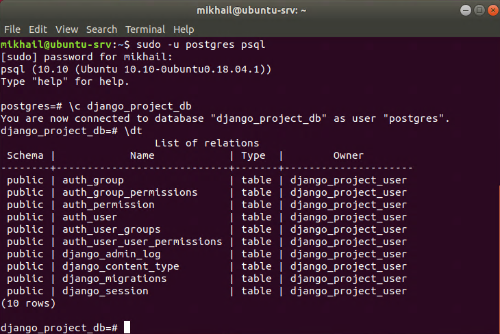 Default Django project tables in PostgreSQL database