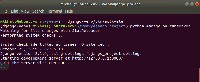 Starting Django server