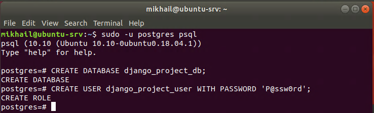 Creating PostgreSQL database and user