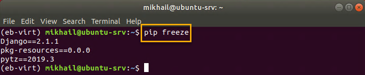 Running pip freeze command to confirm that Django was installed correctly