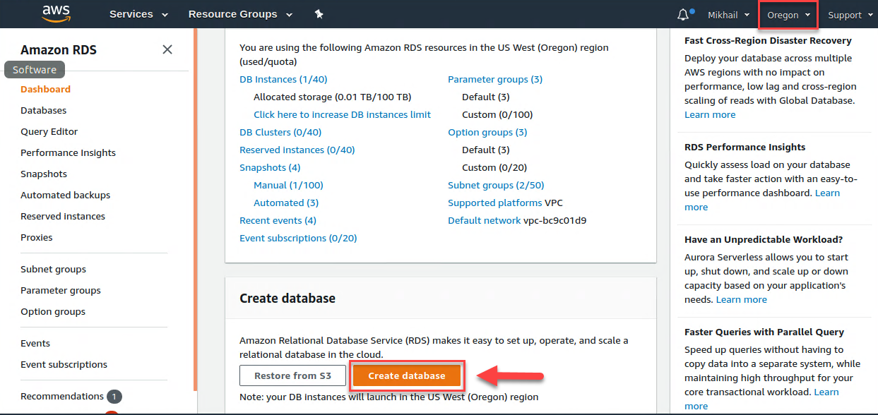AWS RDS Console - Create database