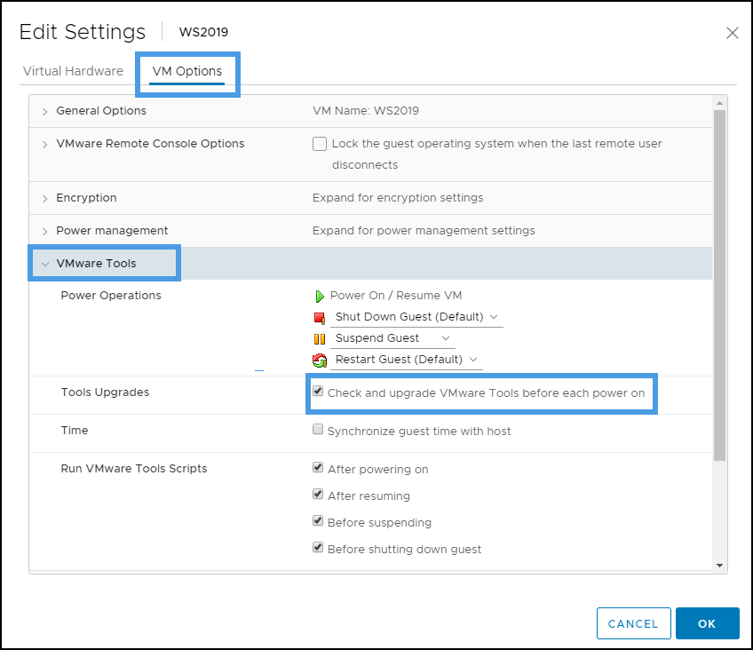 Check and upgrade VMware Tools before each power on