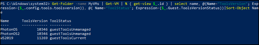 PowerCLI to show VMs and their VM Tools status