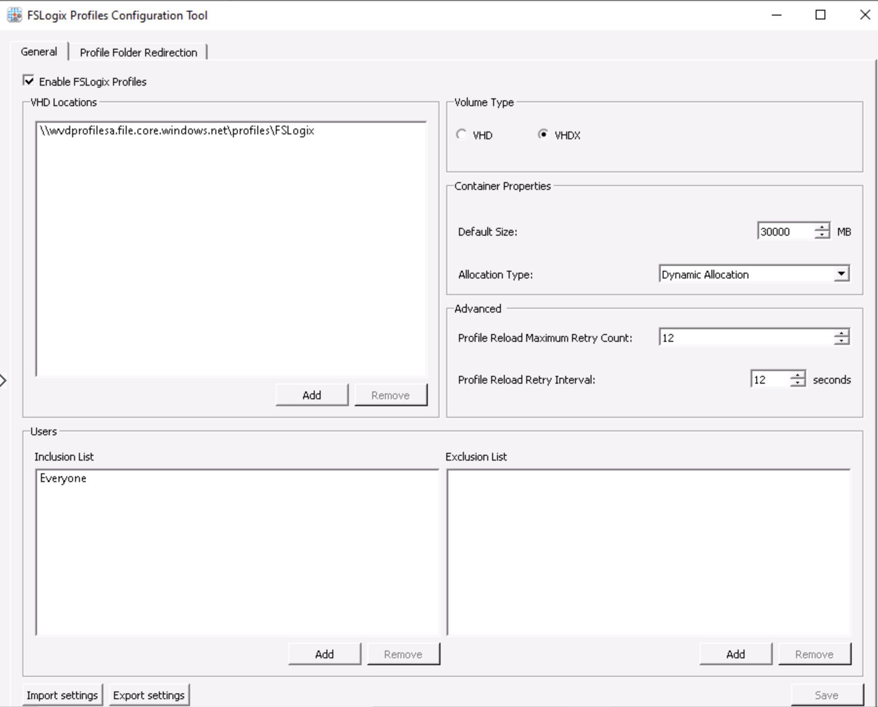 Enable FSLogix Profiles and specify the container location