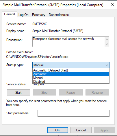 Change the SMTP service "Startup type" to Automatic
