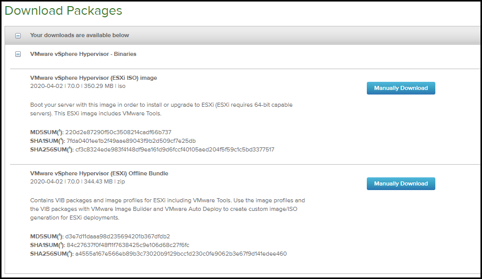 Download ESXi 7.0 ISO image or Offline Bundle