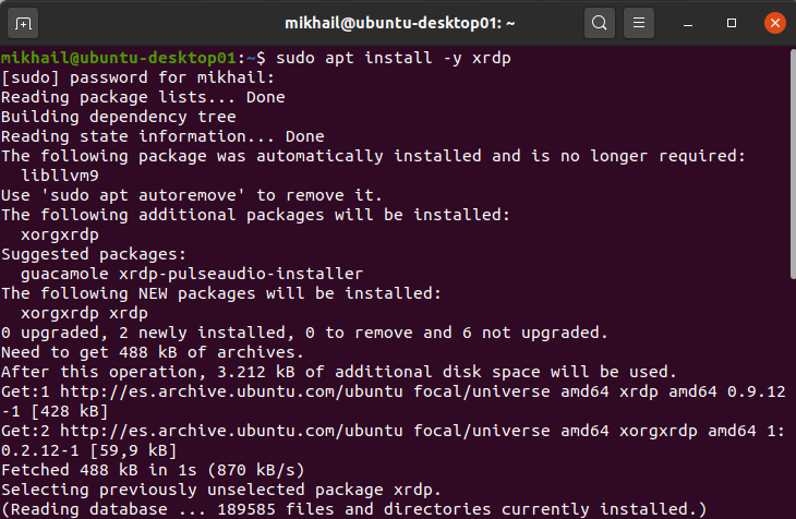 Installing xrdp server package using APT