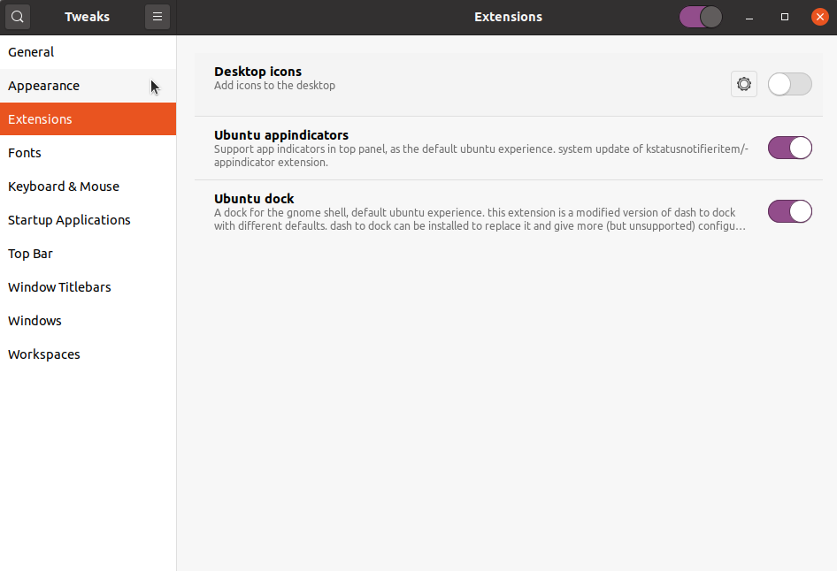Enabling Ubuntu appindicators and Ubuntu dock in Tweaks tool