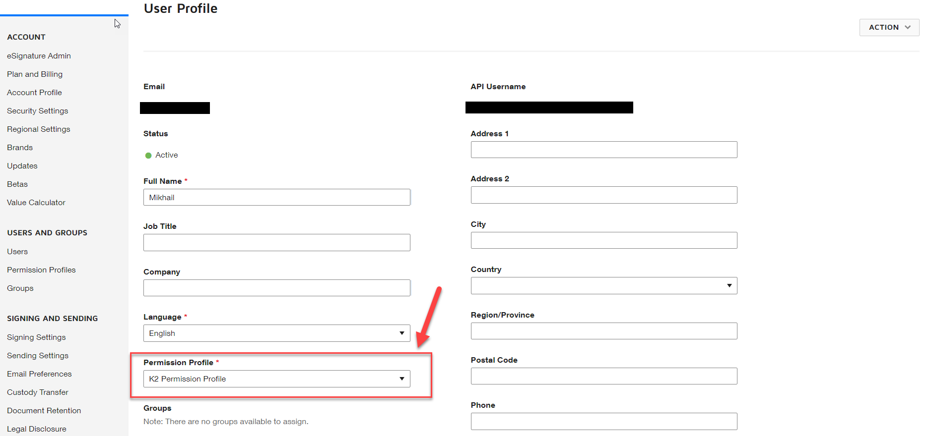DocuSign Admin Site – Assigning Permission Profile to the User