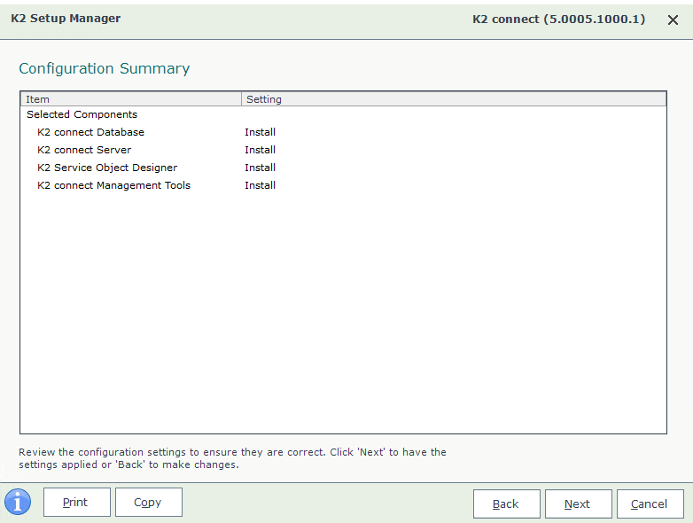 K2 Connect 5.2 Setup Wizard – Configuration Summary Page
