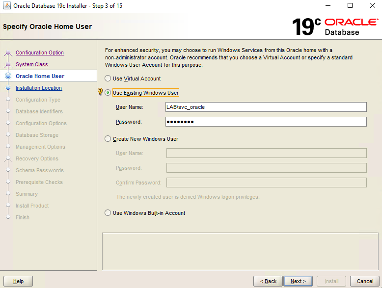 Oracle Database 19c Installer – Step 3 – Use Existing Windows User