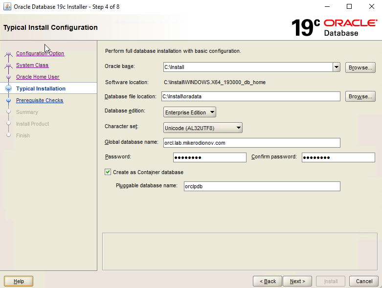 Oracle Database 19c Installer – Step 4 – Typical Installation Configuration