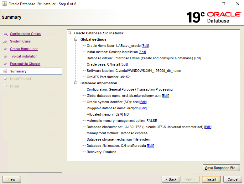 Oracle Database 19c Installer – Step 6 - Summary