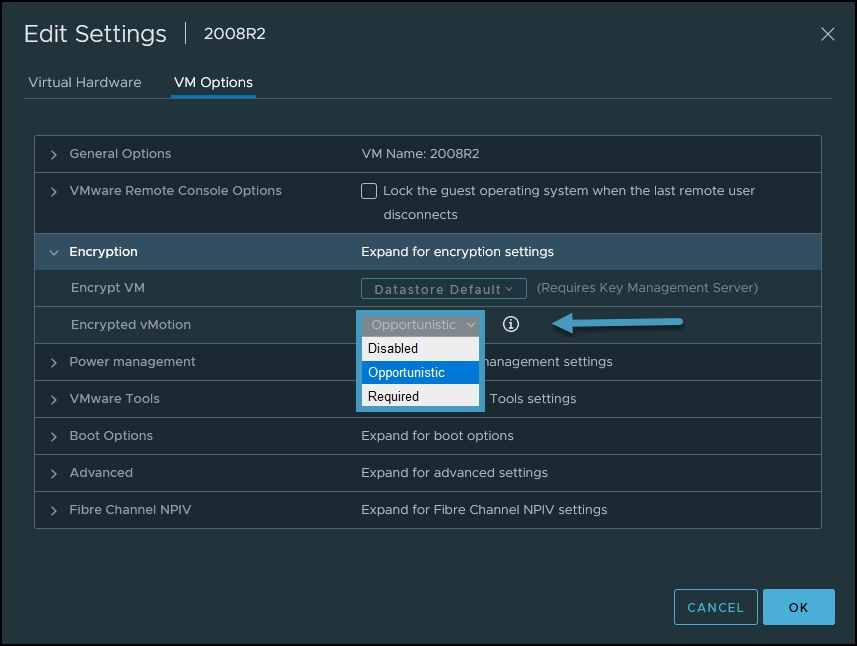 Configure Encrypted vMotion Options on a VM