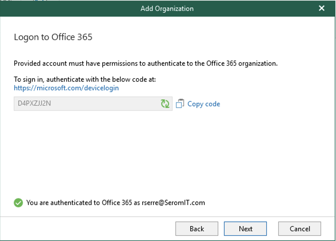 Veeam asks you to authenticate to Office 365
