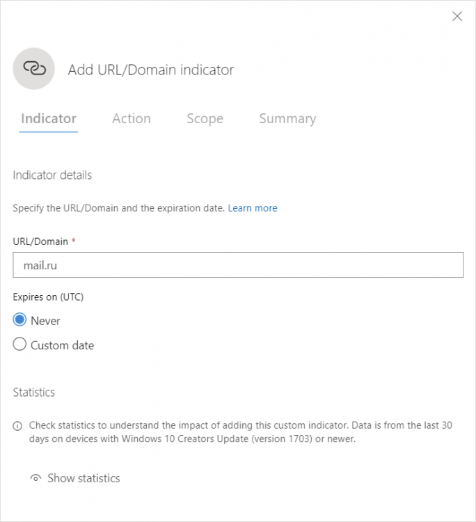 Microsoft 365 Security - How to block a custom URL - Indicator