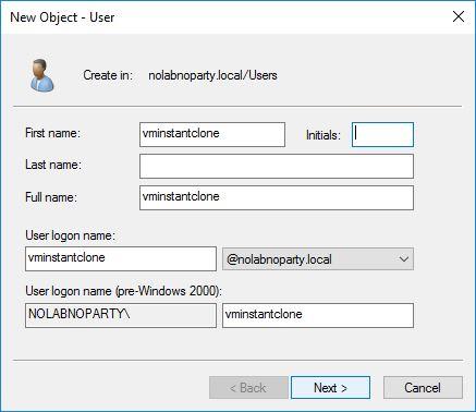Creation of the Active Directory service account