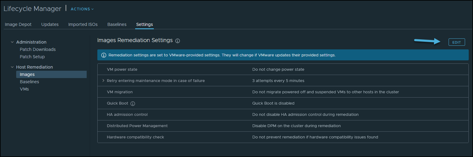 vSphere Lifecycle Manager Image Remediation Settings