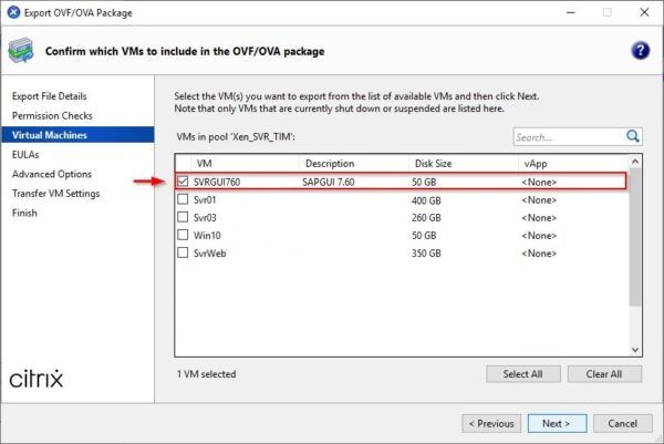 Select the VM to export